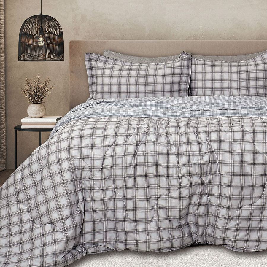 Σετ Πάπλωμα με Σεντόνια Υπέρδιπλο (230x250) Βαμβακοσατέν Palamaiki Bed In A Bag B0696 Γκρι Καρό