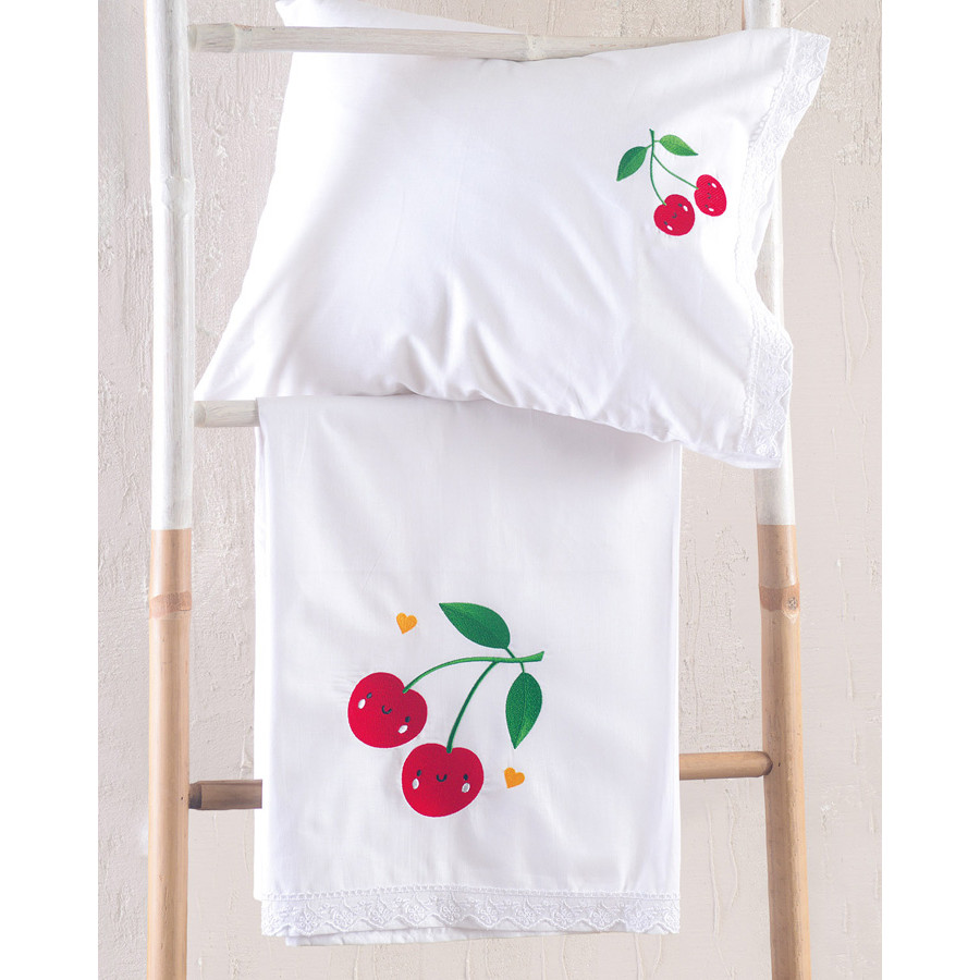 Σετ Σεντόνια Βρεφικά Κούνιας (105x160) Βαμβακερά Με Κέντημα κα Δαντέλα Rythmos Cherries