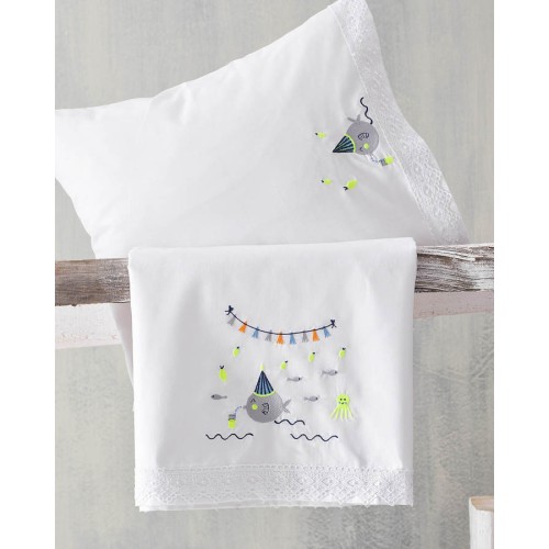 Σετ Σεντόνια Μπεμπέ Κούνιας (105x160) Με Κέντημα και Δαντέλα Βαμβακερά Rythmos Bubbles Μπλε