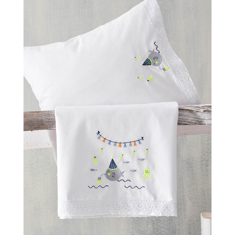 Σετ Σεντόνια Μπεμπέ Κούνιας (105x160) Με Κέντημα και Δαντέλα Βαμβακερά Rythmos Bubbles Μπλε