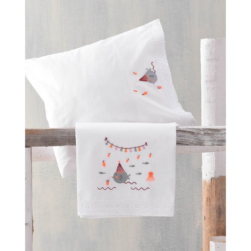 Σετ Σεντόνια Μπεμπέ Κούνιας (105x160) Με Κέντημα και Δαντέλα Βαμβακερά Rythmos Bubbles Πορτοκαλί