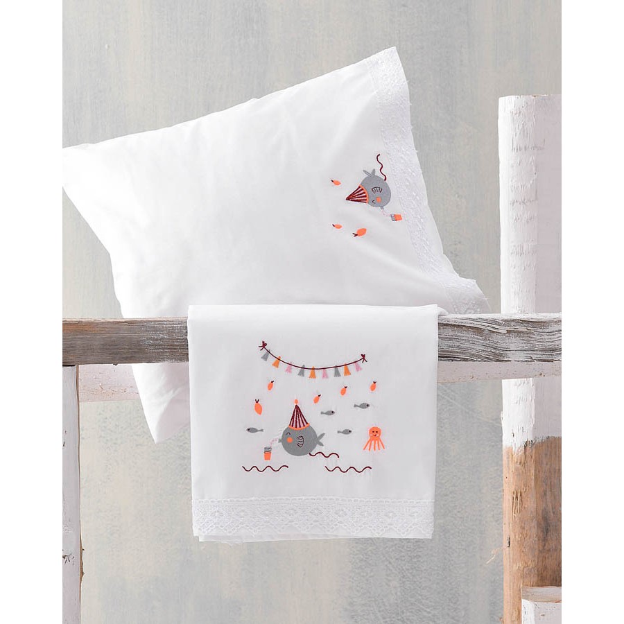 Σετ Σεντόνια Μπεμπέ Κούνιας (105x160) Με Κέντημα και Δαντέλα Βαμβακερά Rythmos Bubbles Πορτοκαλί