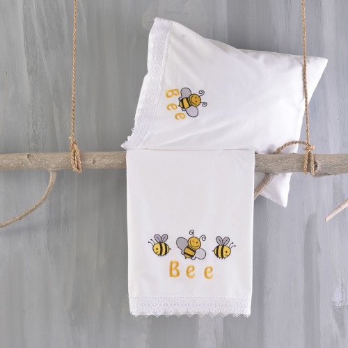 Σετ Σεντόνια Μπεμπέ Κούνιας (105x160) Με Κέντημα και Δαντέλα Βαμβακερά Rythmos Honey Bee Κίτρινο