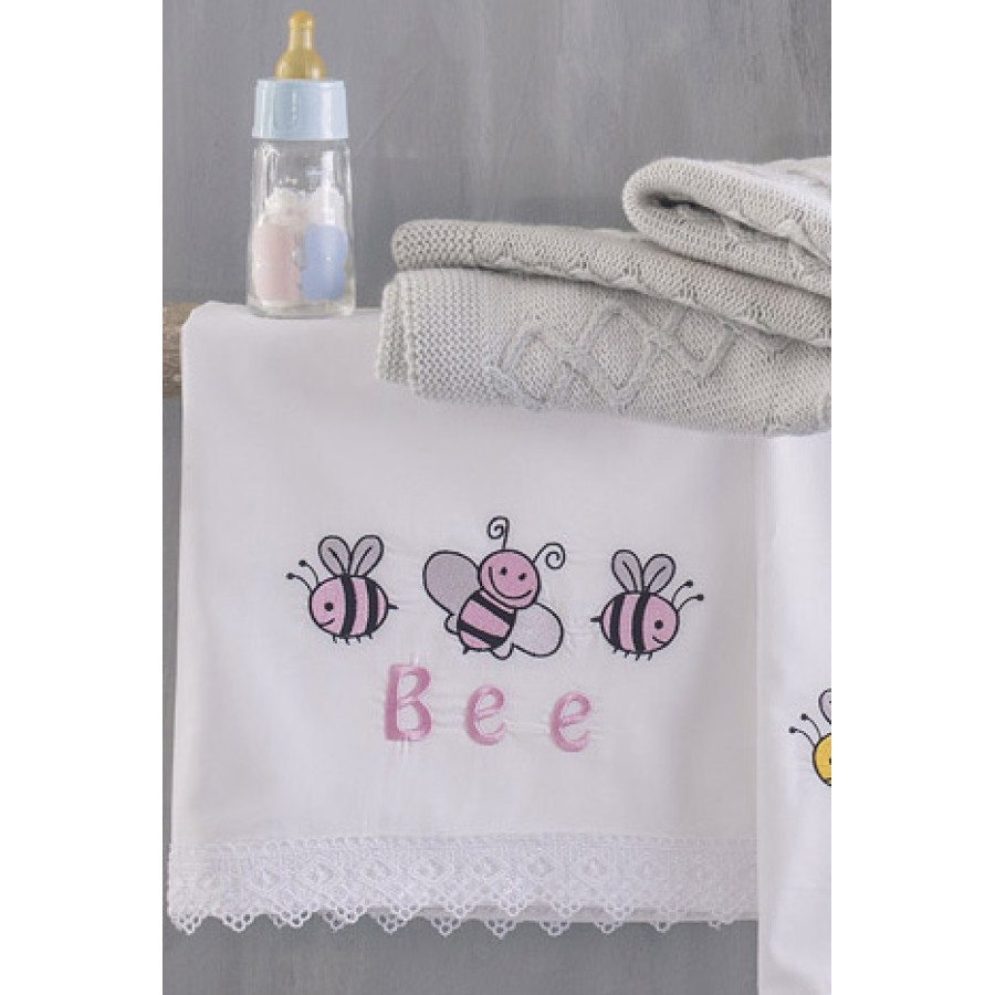 Σετ Σεντόνια Μπεμπέ Κούνιας (105x160) Με Κέντημα και Δαντέλα Βαμβακερά Rythmos Honey Bee Ροζ