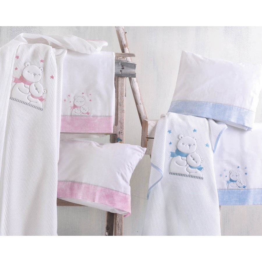 Σετ Σεντόνια Μπεμπέ Κούνιας (100x160) Με Κέντημα Βαμβακερά Rythmos Snowball Ροζ