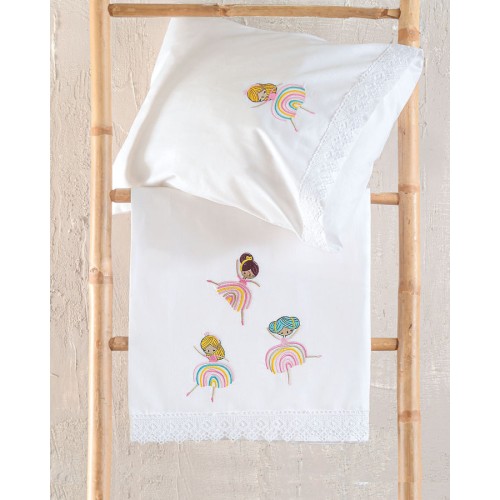 Σετ Σεντόνια Μπεμπέ Κούνιας (105x160) Με Κέντημα και Δαντέλα Βαμβακερά Rythmos Rainbow Girls