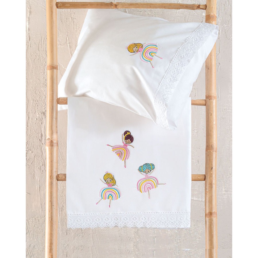 Σετ Σεντόνια Μπεμπέ Κούνιας (105x160) Με Κέντημα και Δαντέλα Βαμβακερά Rythmos Rainbow Girls