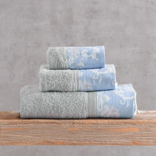 Σετ Πετσέτες 3 Τεμαχίων (Χεριών|Προσώπου|Λουτρού) Βαμβάκι 500γρ/τμ Κουτί Rythmos Candince Γκρι-Μπλε