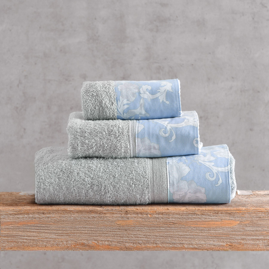 Σετ Πετσέτες 3 Τεμαχίων (Χεριών|Προσώπου|Λουτρού) Βαμβάκι 500γρ/τμ Κουτί Rythmos Candince Γκρι-Μπλε