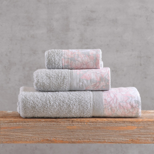 Σετ Πετσέτες 3 Τεμαχίων (Χεριών|Προσώπου|Λουτρού) Βαμβάκι 500γρ/τμ Κουτί Rythmos Candince Γκρι-Ροζ
