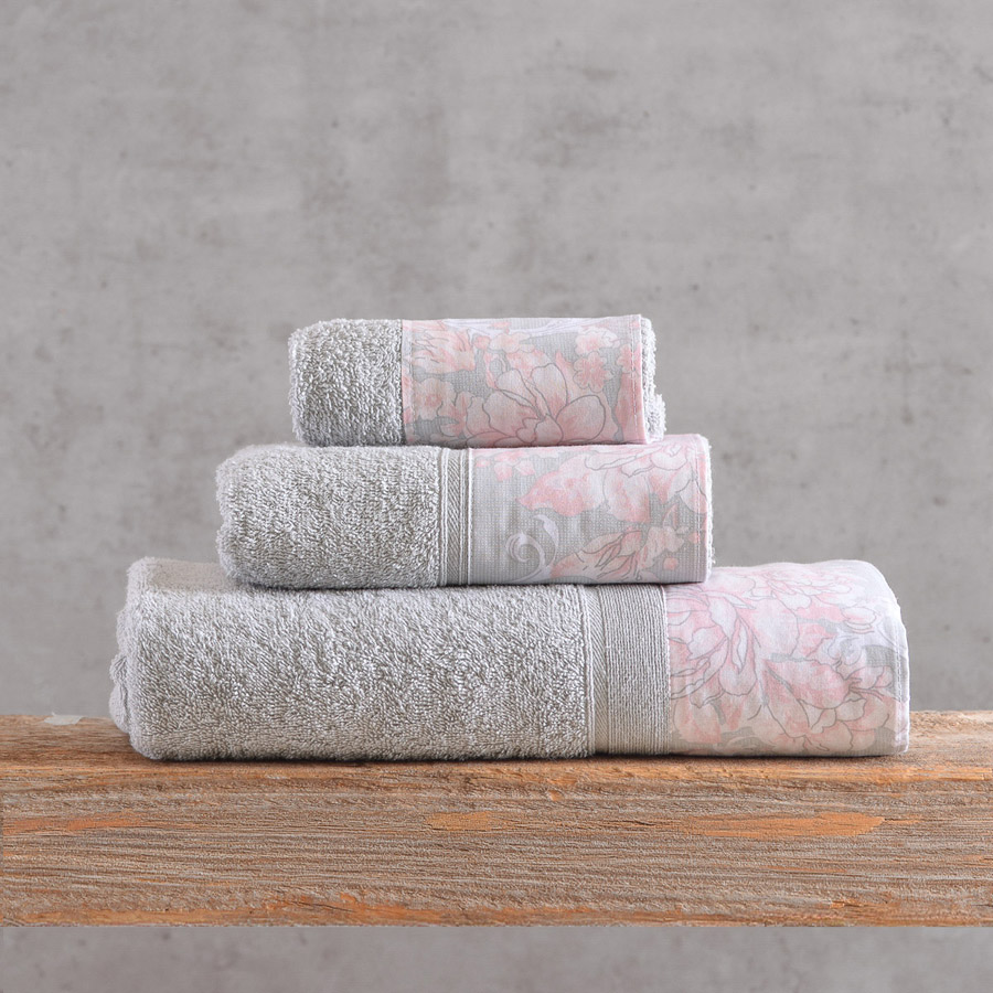 Σετ Πετσέτες 3 Τεμαχίων (Χεριών|Προσώπου|Λουτρού) Βαμβάκι 500γρ/τμ Κουτί Rythmos Candince Γκρι-Ροζ