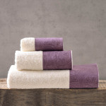 Σετ Πετσέτες 3 τεμαχίων (Χειρός | Προσώπου | Λουτρού) με υφασμάτινη φάσα Rythmos Charisma Εκρού-Μωβ