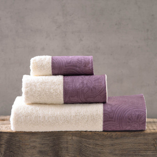 Σετ Πετσέτες 3 τεμαχίων (Χειρός | Προσώπου |Λουτρού) με φάσα Rythmos Charisma Εκρού-Μωβ Σε Κουτί