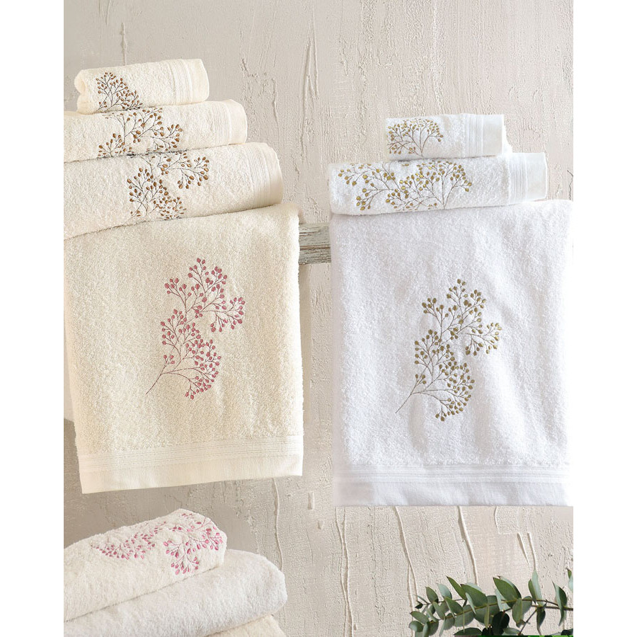 Σετ Πετσέτες 3 τεμαχίων (Χειρός | Προσώπου | Λουτρού) Βαμβακερές Rythmos Oberon Λευκό Λαδί Λουλούδια