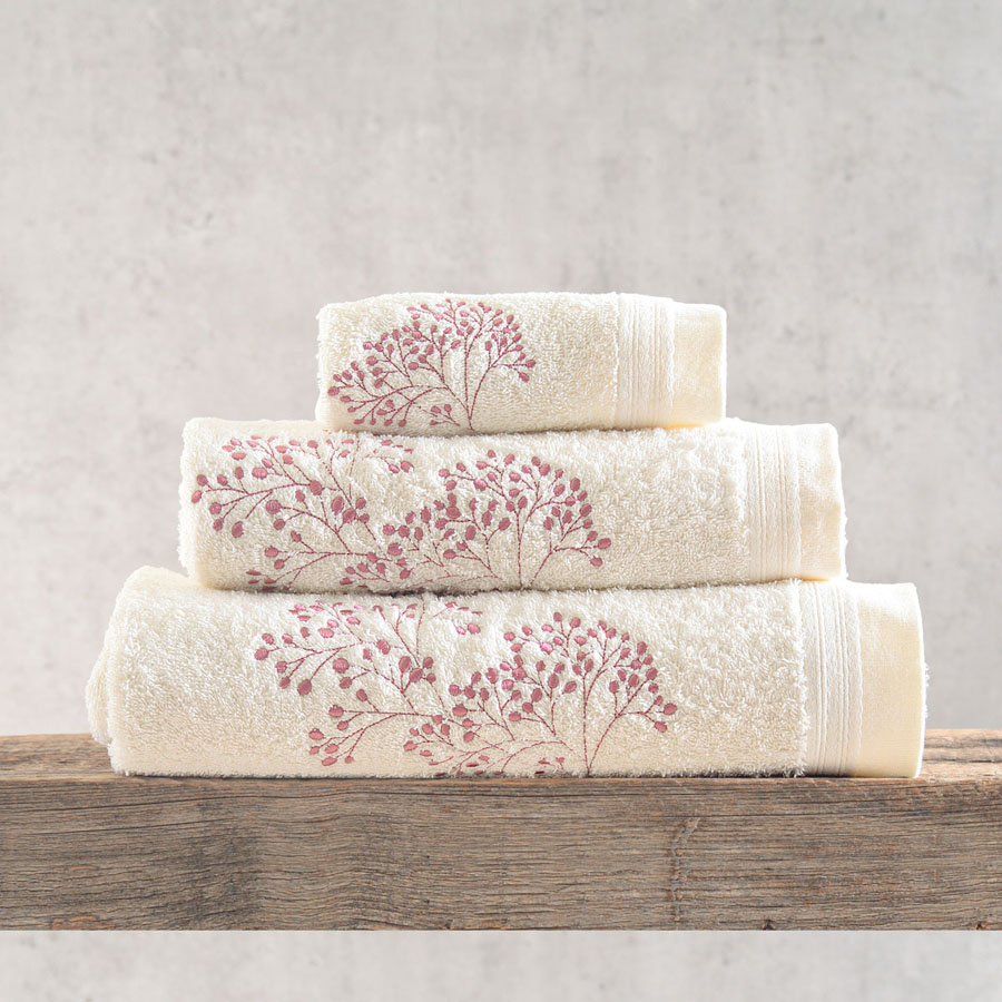 Σετ Πετσέτες 3 τεμαχίων (Χειρός | Προσώπου | Λουτρού) Βαμβακερές Rythmos Oberon Εκρού Ροζ Λουλούδια