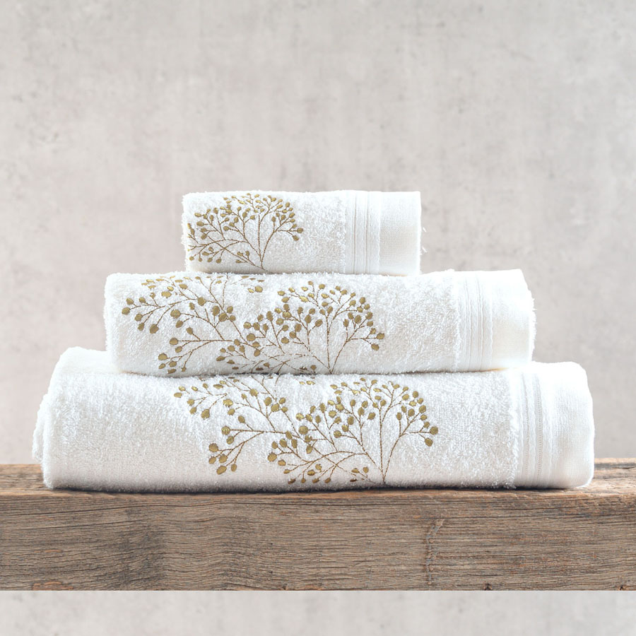 Σετ Πετσέτες 3 τεμαχίων (Χειρός | Προσώπου | Λουτρού) Βαμβακερές Rythmos Oberon Λευκό Λαδί Λουλούδια