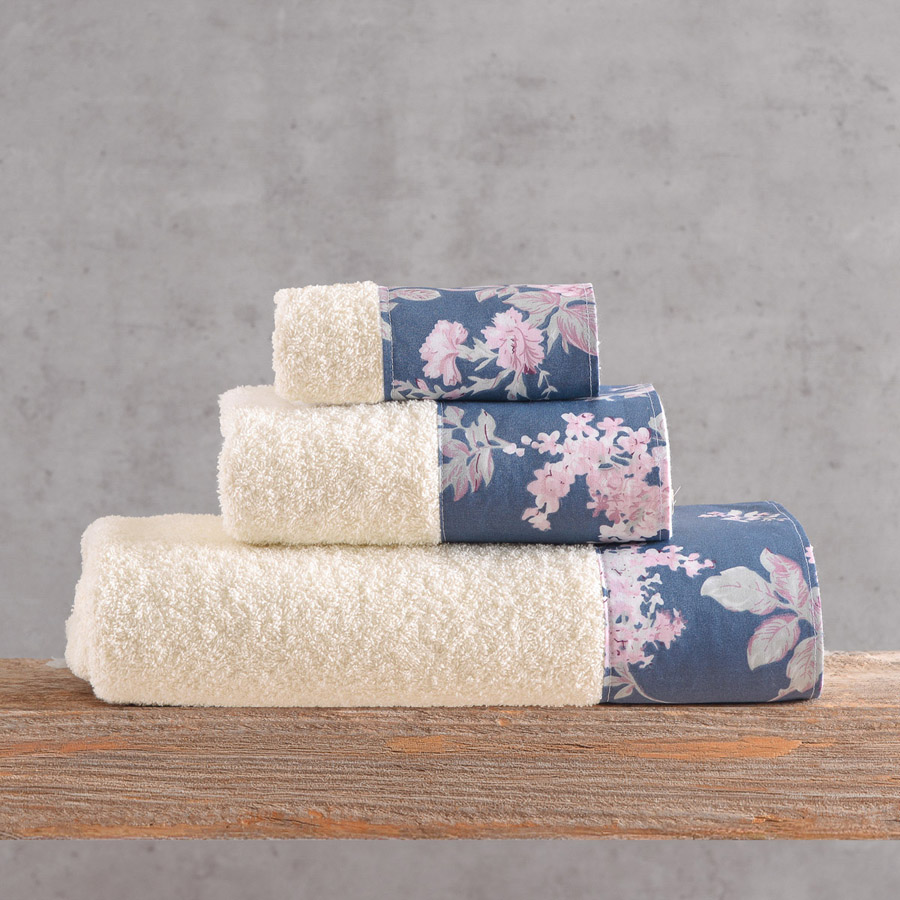 Σετ Πετσέτες 3 Τεμαχίων (Χεριών|Προσώπου|Λουτρού) σε Κουτί Rythmos Nova Springtime Εκρού-Σκούρο Μπλε