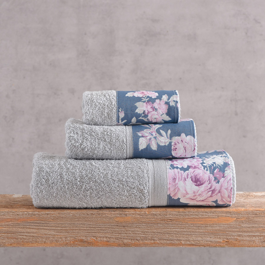 Σετ Πετσέτες 3 Τεμαχίων (Χεριών|Προσώπου|Λουτρού) 500γρ Rythmos Nova Springtime Γκρι-Σκ.Μπλε