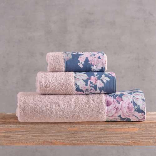 Σετ Πετσέτες 3 Τεμαχίων (Χεριών|Προσώπου|Λουτρού) σε Κουτί Rythmos Nova Springtime Πούδρα-Σκούρο Μπλ