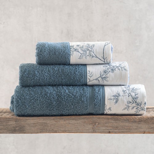 Σετ Πετσέτες 3 τεμαχίων (Χειρός | Προσώπου | Λουτρού) με υφασμάτινη φάσα Rythmos Odet Ντένιμ-Λευκό