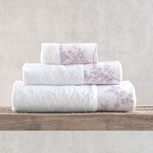 Σετ Πετσέτες 3 τεμ (Χειρός | Προσώπου | Λουτρού) με φάσα Rythmos Odet Λευκό-Μωβ Σε Κουτί