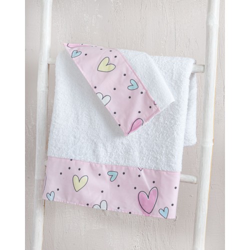 Σετ Πετσέτες 2 τεμαχίων Παιδικές με φάσα (Χειρός | Λουτρού) Rythmos Pop Hearts ροζ
