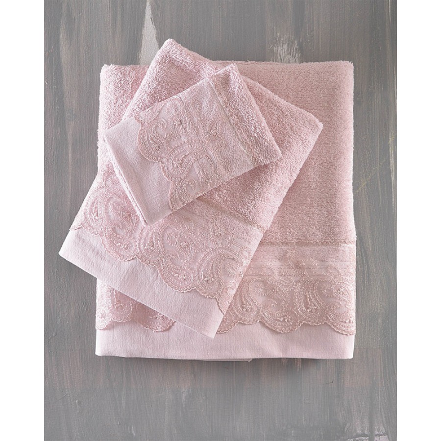 Σετ Πετσέτες 3 τεμ (Χειρός|Προσώπου|Λουτρού) Νυφικές με Δαντέλα Rythmos Anika Ροζ