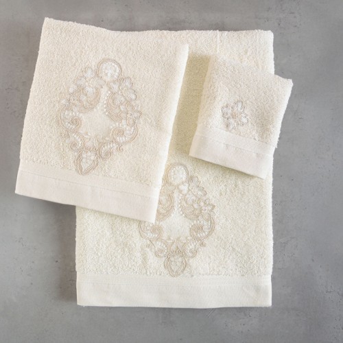 Σετ Πετσέτες 3 τεμ (Χειρός|Προσώπου|Λουτρού) Νυφικές με Μοτίφ Rythmos Cybele Εκρού