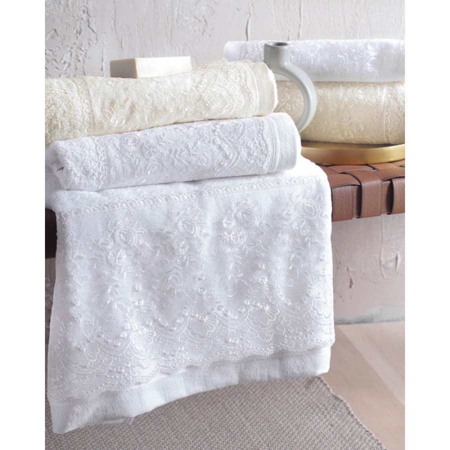 Σετ Πετσέτες 3 τεμ (Χειρός|Προσώπου|Λουτρού) Νυφικές με Δαντέλα Rythmos Dione Λευκό