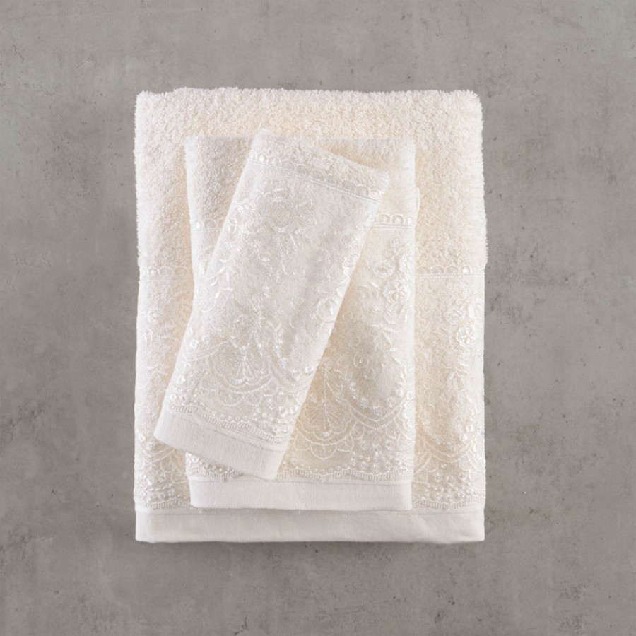 Σετ Πετσέτες 3 τεμ (Χειρός|Προσώπου|Λουτρού) Νυφικές με Δαντέλα Rythmos Dione Εκρού