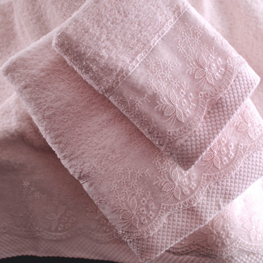 Σετ Πετσέτες 3 τεμ (Χειρός|Προσώπου|Λουτρού) Νυφικές με Δαντέλα Rythmos Helga Ροζ