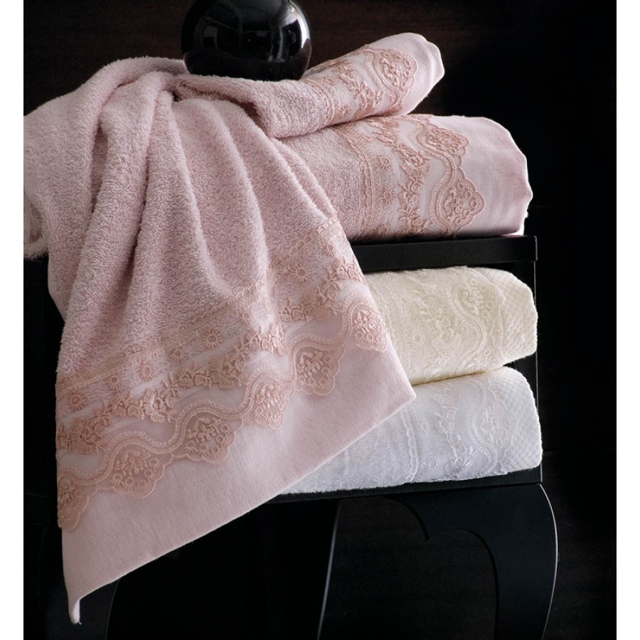 Σετ Πετσέτες 3 τεμ (Χειρός|Προσώπου|Λουτρού) Νυφικές με Δαντέλα Rythmos Nena Ροζ