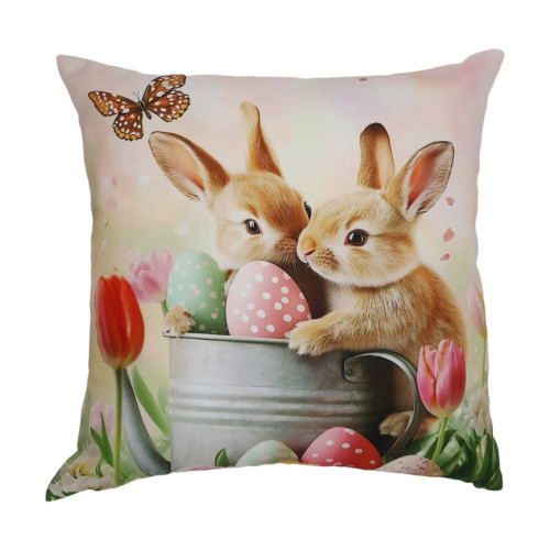 Πασχαλινή Διακοσμητική Μαξιλαροθήκη (45x45) Τυπωτή Newhome 0324 Κουνελάκια με Τουλίπες