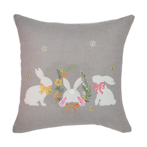 Πασχαλινή Διακοσμητική Μαξιλαροθήκη (45x45) Λινή Απλικέ Newhome 0346 Γκρι με 3 Λευκά Λαγουδάκια
