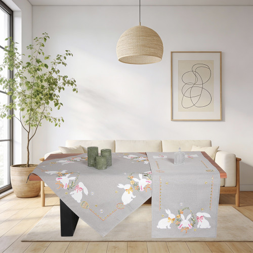 Πασχαλινή Τραβέρσα (40x170) Λινή Απλικέ Newhome 0346 Γκρι με 3 Λευκά Λαγουδάκια