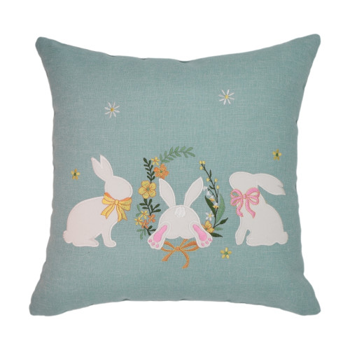 Πασχαλινή Διακοσμητική Μαξιλαροθήκη (45x45) Λινή Απλικέ Newhome 0346 Μέντα με 3 Λευκά Λαγουδάκια