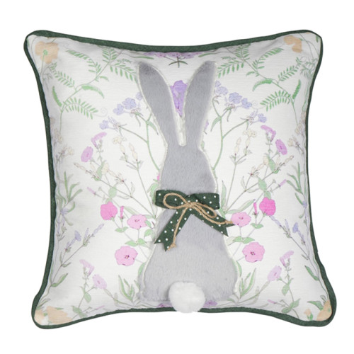 Πασχαλινή Διακοσμητική Μαξιλαροθήκη (45x45) Λινή Απλικέ Newhome 0710 Κουνελάκι Γκρι