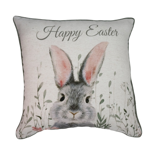 Πασχαλινή Διακοσμητική Μαξιλαροθήκη (45x45) Τυπωτή Newhome 0801 Γκρι Κουνελάκι με Ροζ Αυτιά