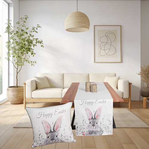 Πασχαλινή Τραβέρσα (40x170) Τυπωτή Newhome 0801 Γκρι Κουνελάκι με Ροζ Αυτιά