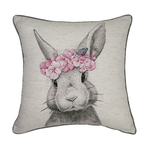 Πασχαλινή Διακοσμητική Μαξιλαροθήκη (45x45) Τυπωτή Newhome 08013 Γκρι Κουνελάκι με Ροζ Λουλούδια