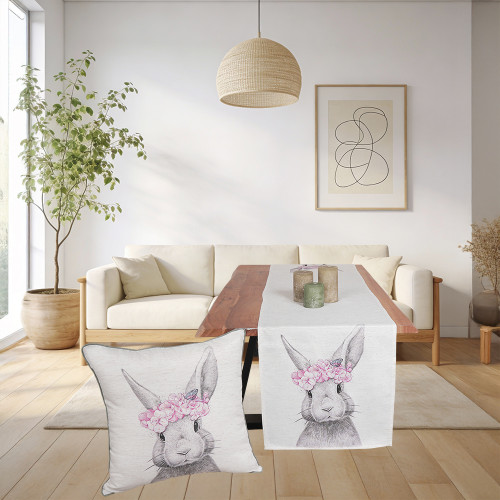 Πασχαλινή Τραβέρσα (40x170) Τυπωτή Newhome 08013 Γκρι Κουνελάκι με Ροζ Στεφάνι