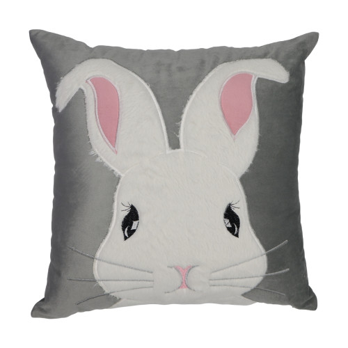 Πασχαλινή Διακοσμητική Μαξιλαροθήκη (45x45) Βελούδινη Newhome 0808 Γκρι με Λευκό Κουνελάκι
