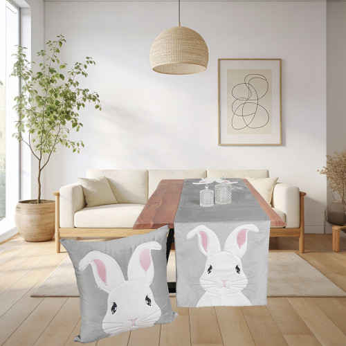 Πασχαλινή Τραβέρσα (40x170) Βελούδινη Newhome 0808 Γκρι με Λευκό Κουνελάκι