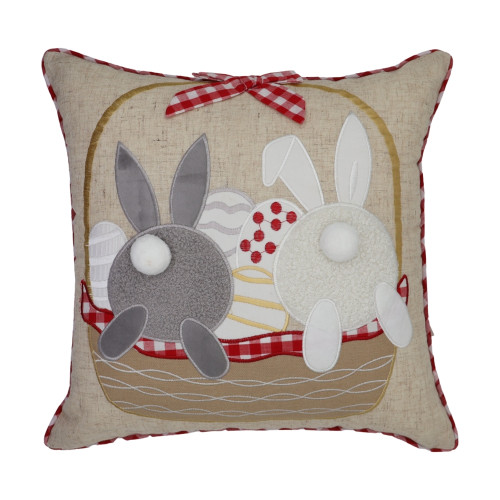 Πασχαλινή Διακοσμητική Μαξιλαροθήκη (45x45) Λινή Απλικέ Newhome 0809 Καλάθι με Καρώ Φιόγκο