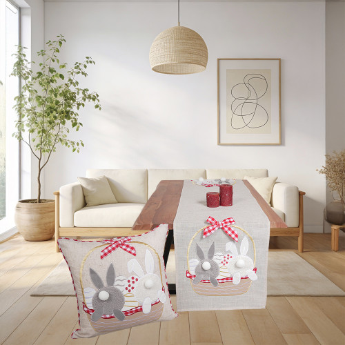 Πασχαλινή Τραβέρσα (40x170) Λινή Απλικέ Newhome 0809 Καλάθι με καρώ φιόγκο