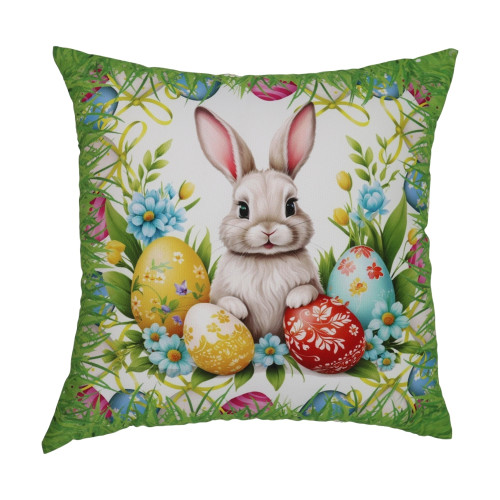 Πασχαλινή Διακοσμητική Μαξιλαροθήκη (45x45) Τυπωτή Newhome 49212 Κουνελάκι με Χρωματιστά Αυγά