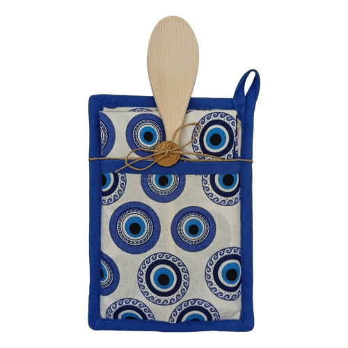 Σετ Κουζίνας 3τεμ (Πιάστρα | Ποτηρόπανο | Ξύλινη Κουτάλα) Newhome 88257 Μάτι με Κύματα