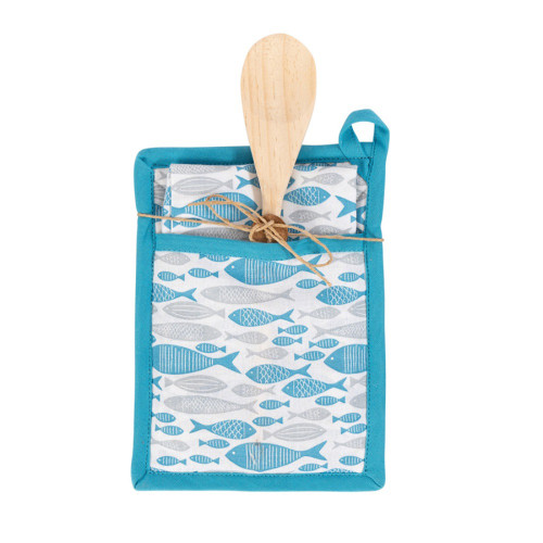 Σετ Κουζίνας 3τεμ (Πιάστρα | Ποτηρόπανο | Ξύλινη Κουτάλα) Newhome 90040 Ψαράκια