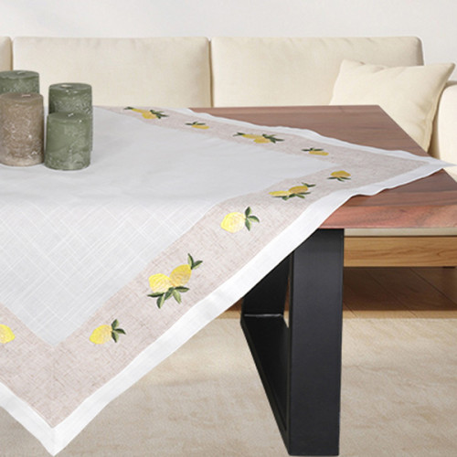 Τραβέρσα (40x100) Τύπου Λινό με Κεντημένη Φάσα Λεμόνια Λευκό-Μπεζ Newhome 6013