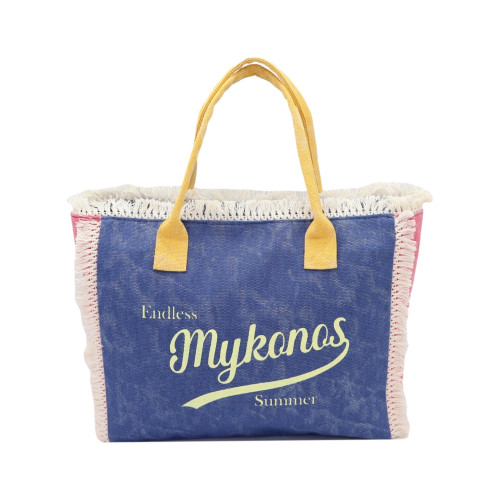 Τσάντα Παραλίας (Medium-30x25x15) με στάμπα και κρόσσια Newhome 370100 Mykonos Μπλε